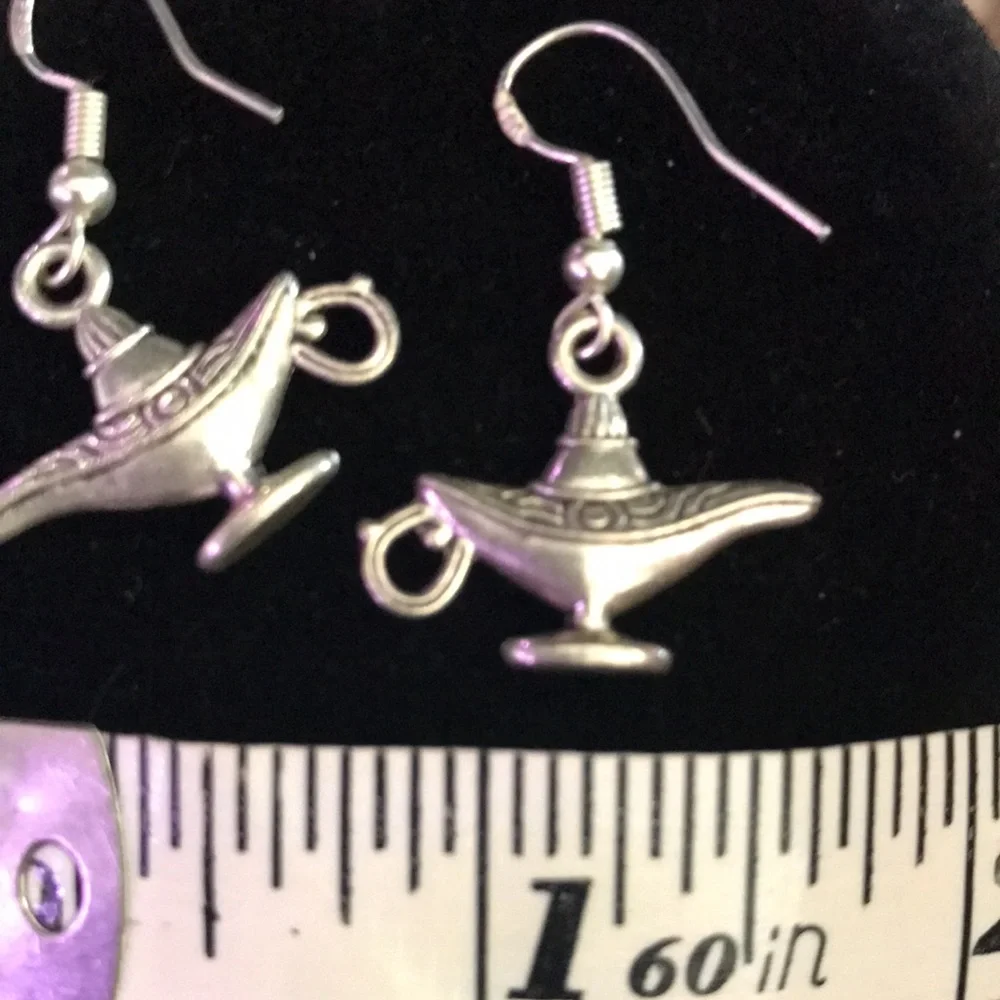 Silver Tone Genie Lamp French Wire Pierced Earrings Aladdin Magic Lantern